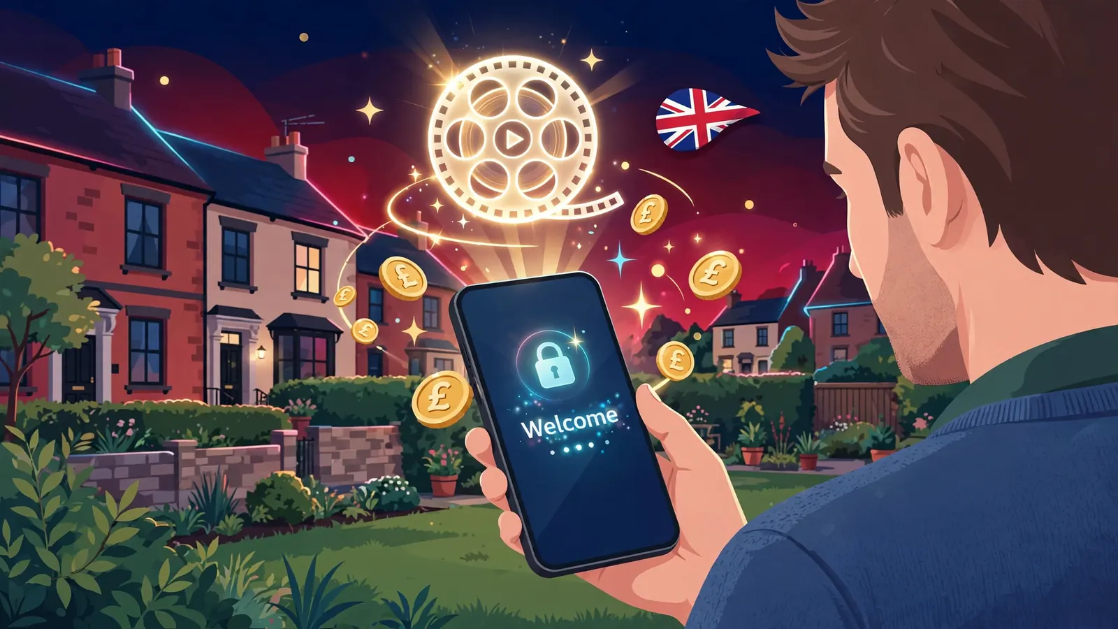 UK-themed illustration of a smartphone with floating slot reels and free spin rewards
