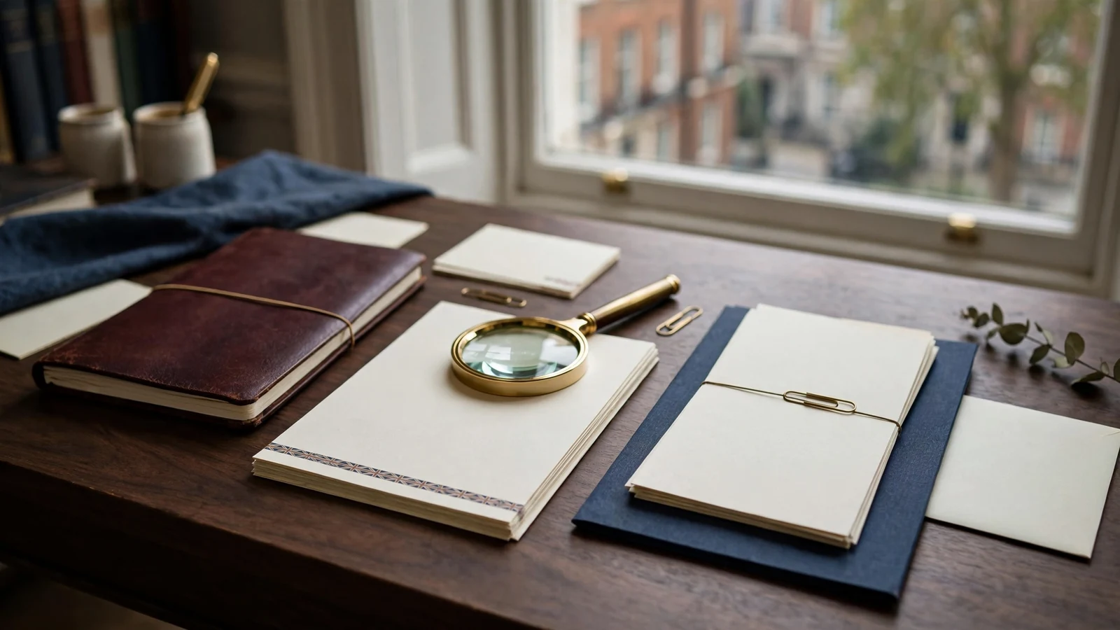 Editorial review desk with closed notebook and assessment cards