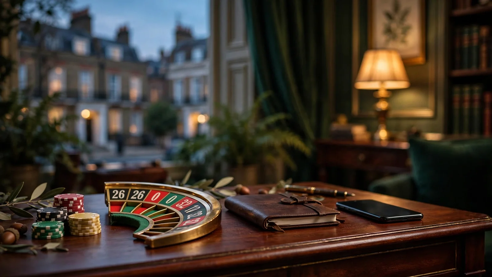 Casino chips and roulette on a table in a London townhouse