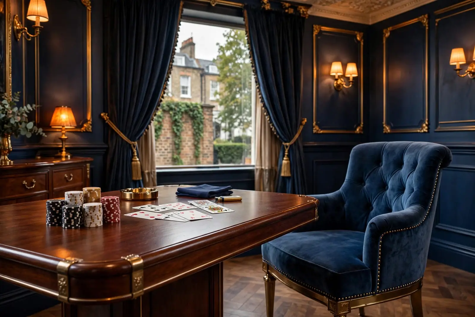 Elegant British casino VIP lounge with premium gaming objects and warm lighting