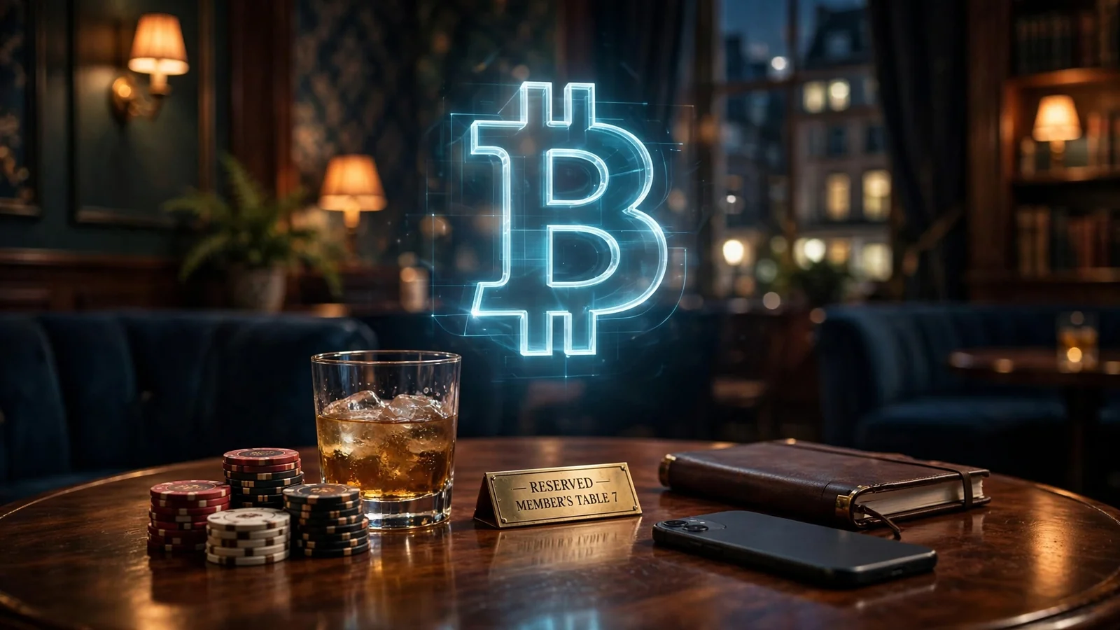 London club card table with chips and glowing Bitcoin symbol