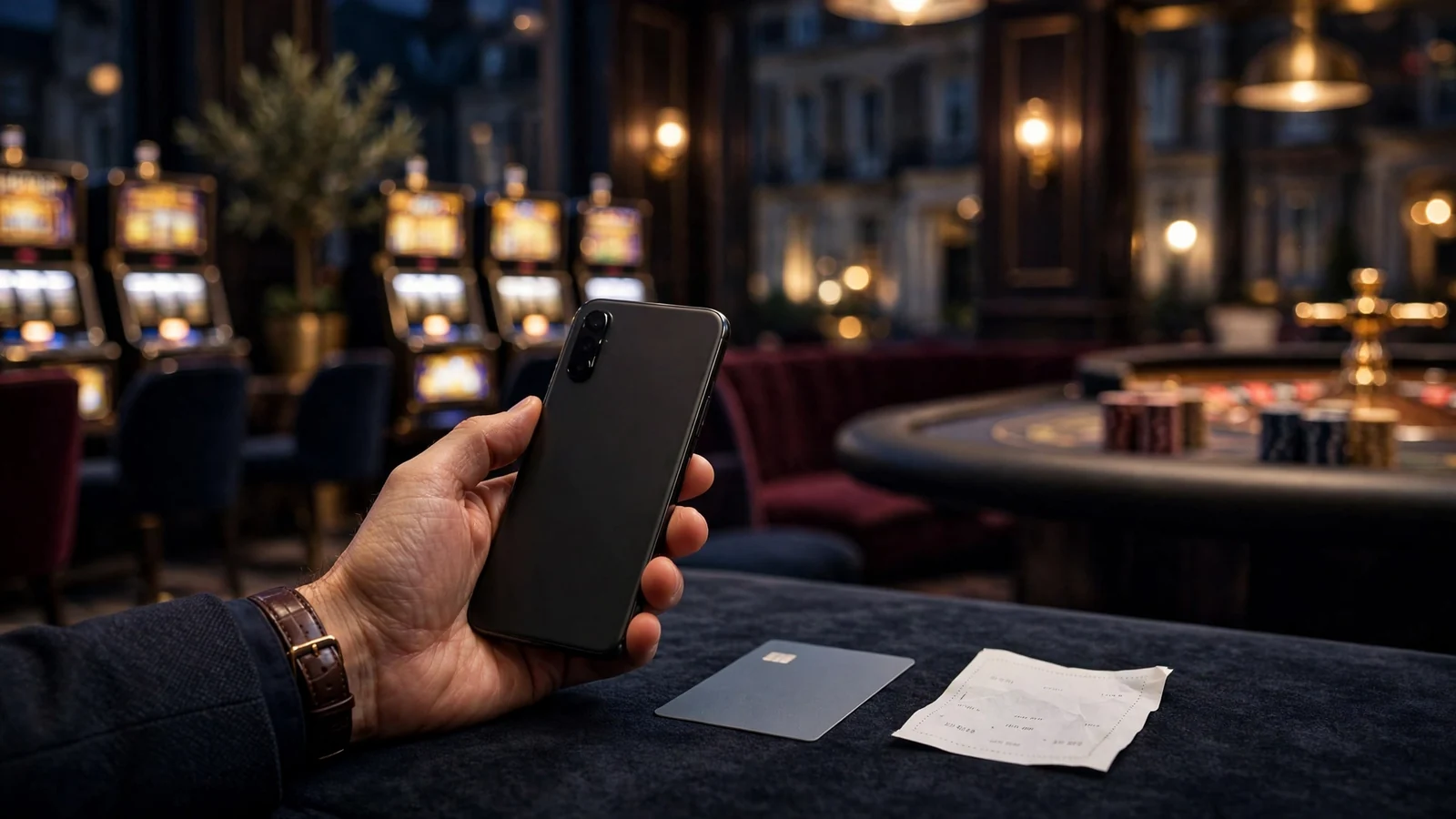 Smartphone payment voucher beside casino slots and roulette table