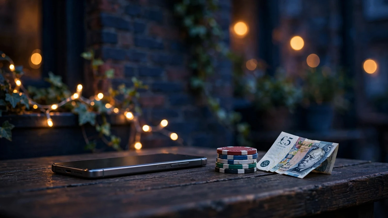 Smartphone beside poker chips and a pound note, hinting at UK online casino payments.