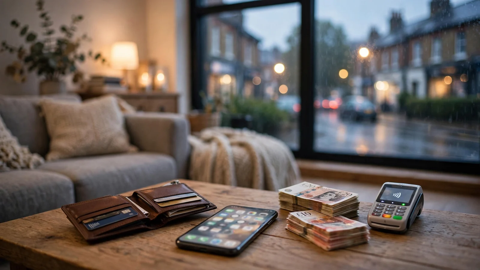 Smartphone, wallet and banknotes on a table in a UK home