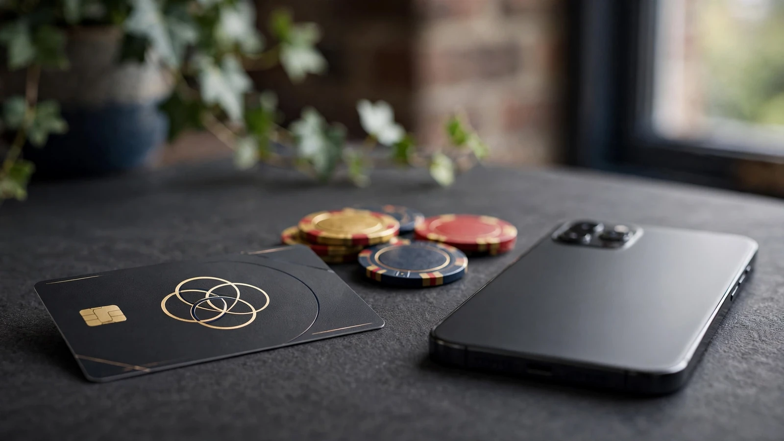 Generic payment card, smartphone, and casino chips on a UK desk