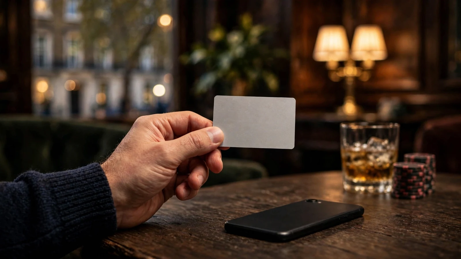 Hand holding a Visa card in a UK lounge with hidden smartphone and casino chips