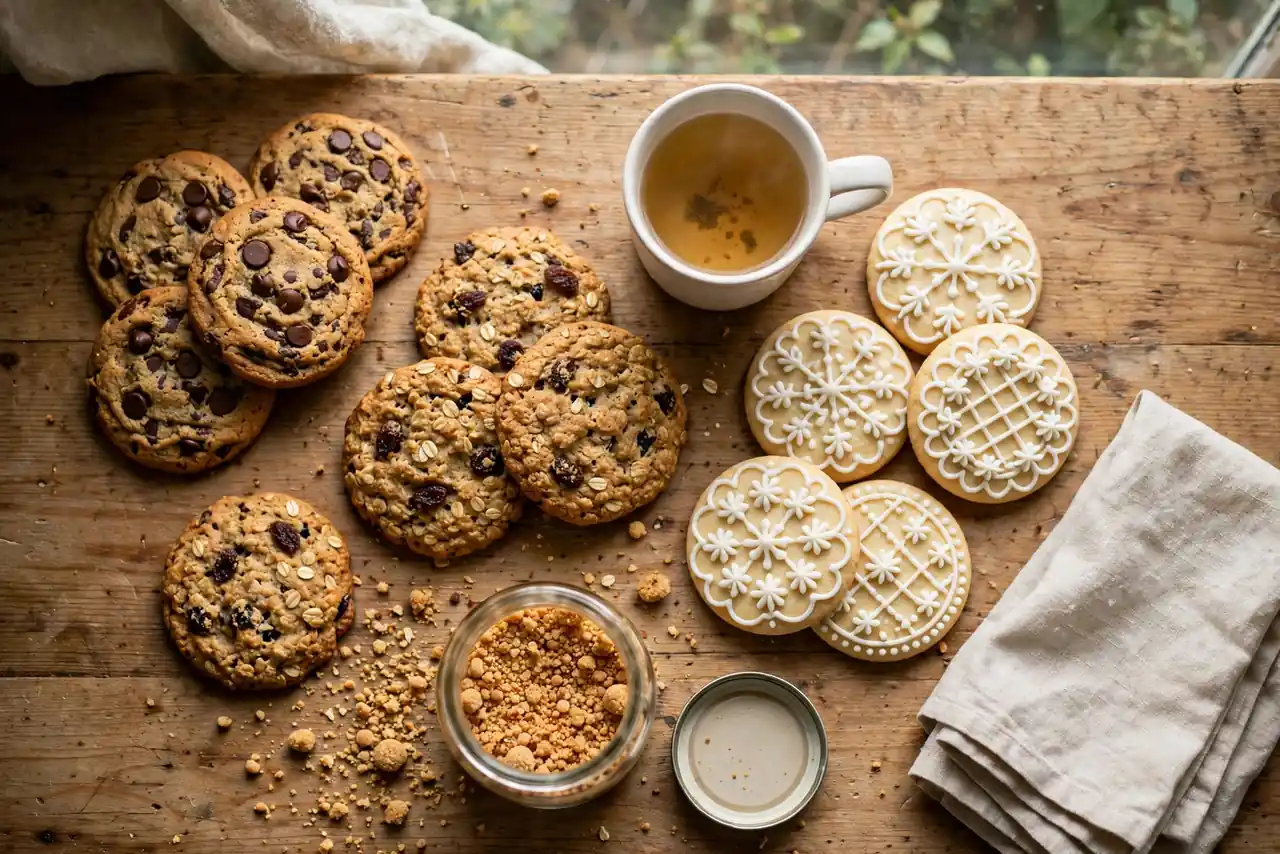 Assorted homemade cookies on a wooden table with a cup of tea