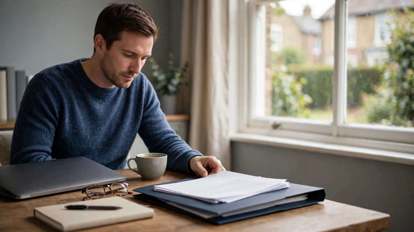Reader reviewing printed documents in a calm UK home office