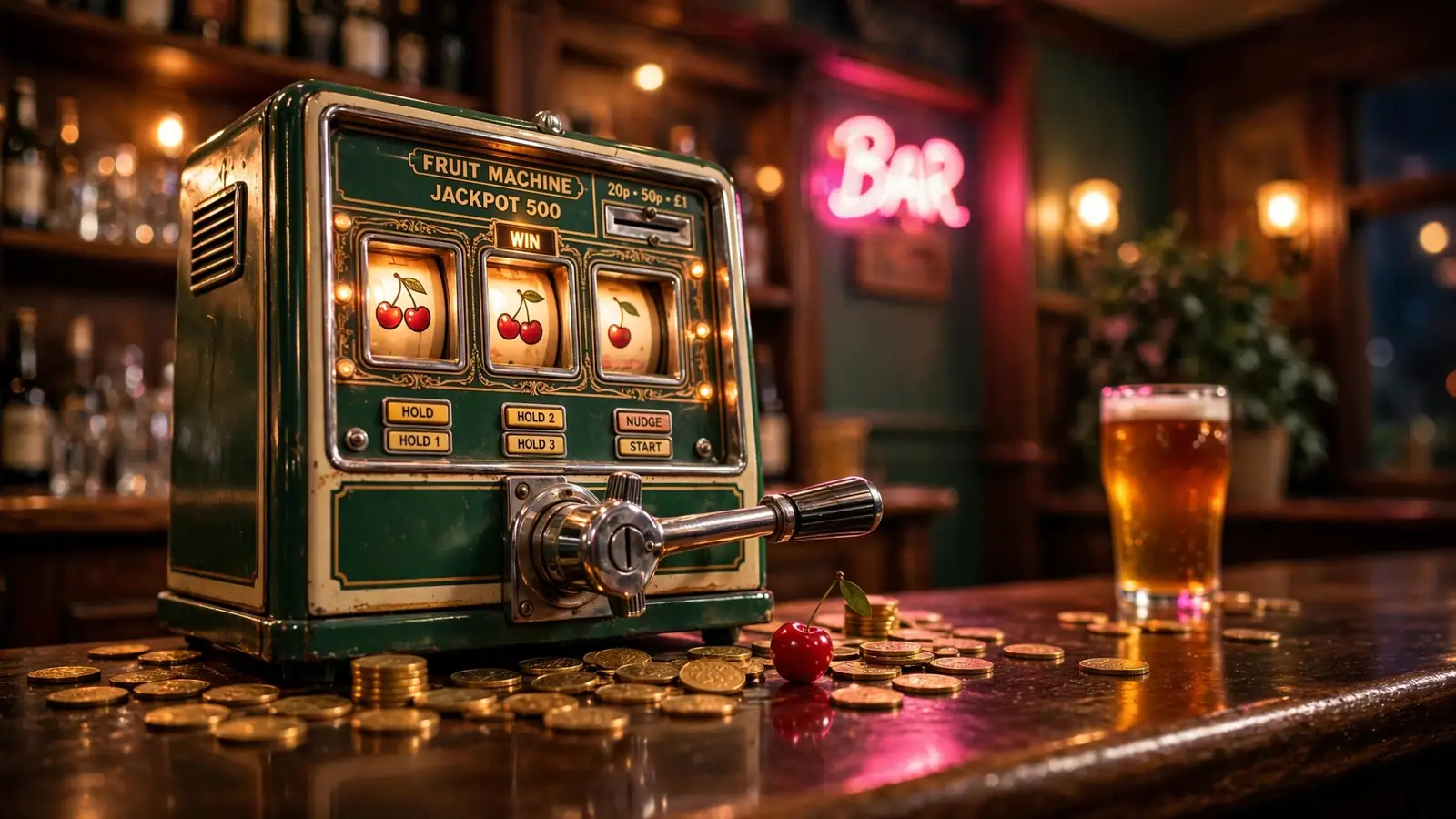 Vintage British slot machine in a warm-lit pub scene