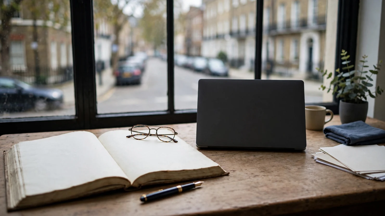 Independent casino newsroom desk overlooking a restrained London streetscape
