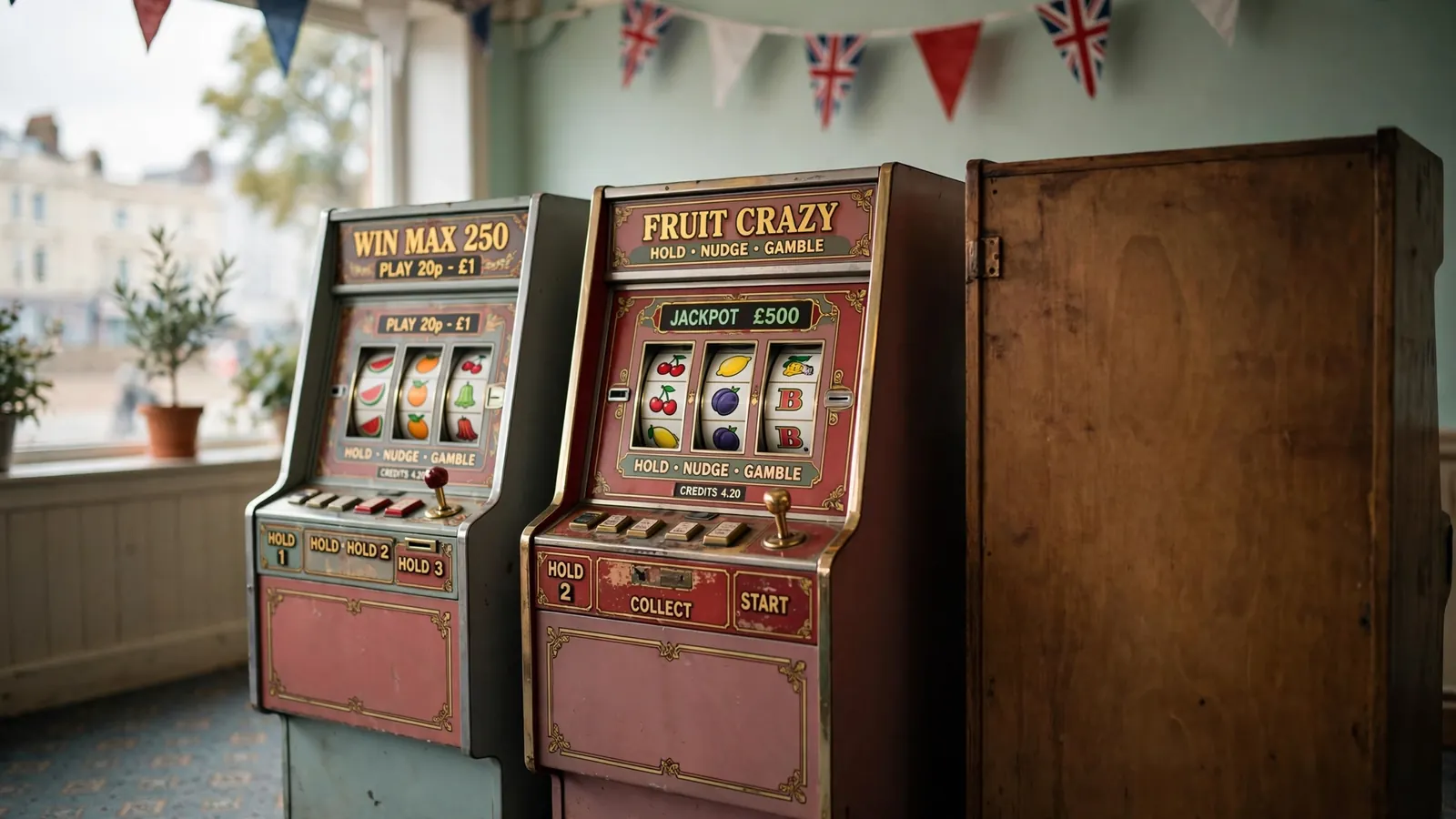 Row of vintage fruit slot machines in a quiet British seaside arcade