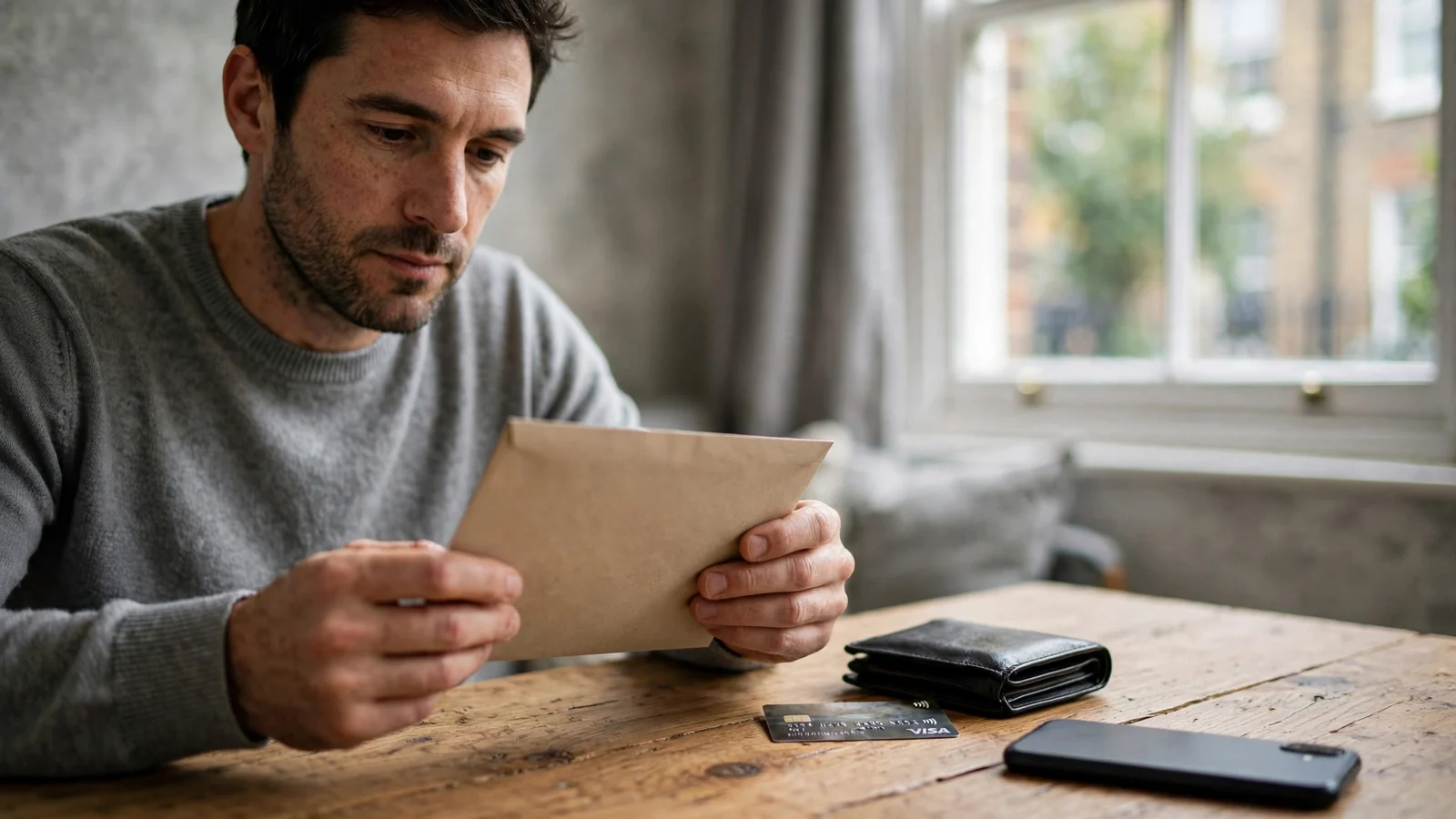 Person choosing a funding source on a wooden table near a window