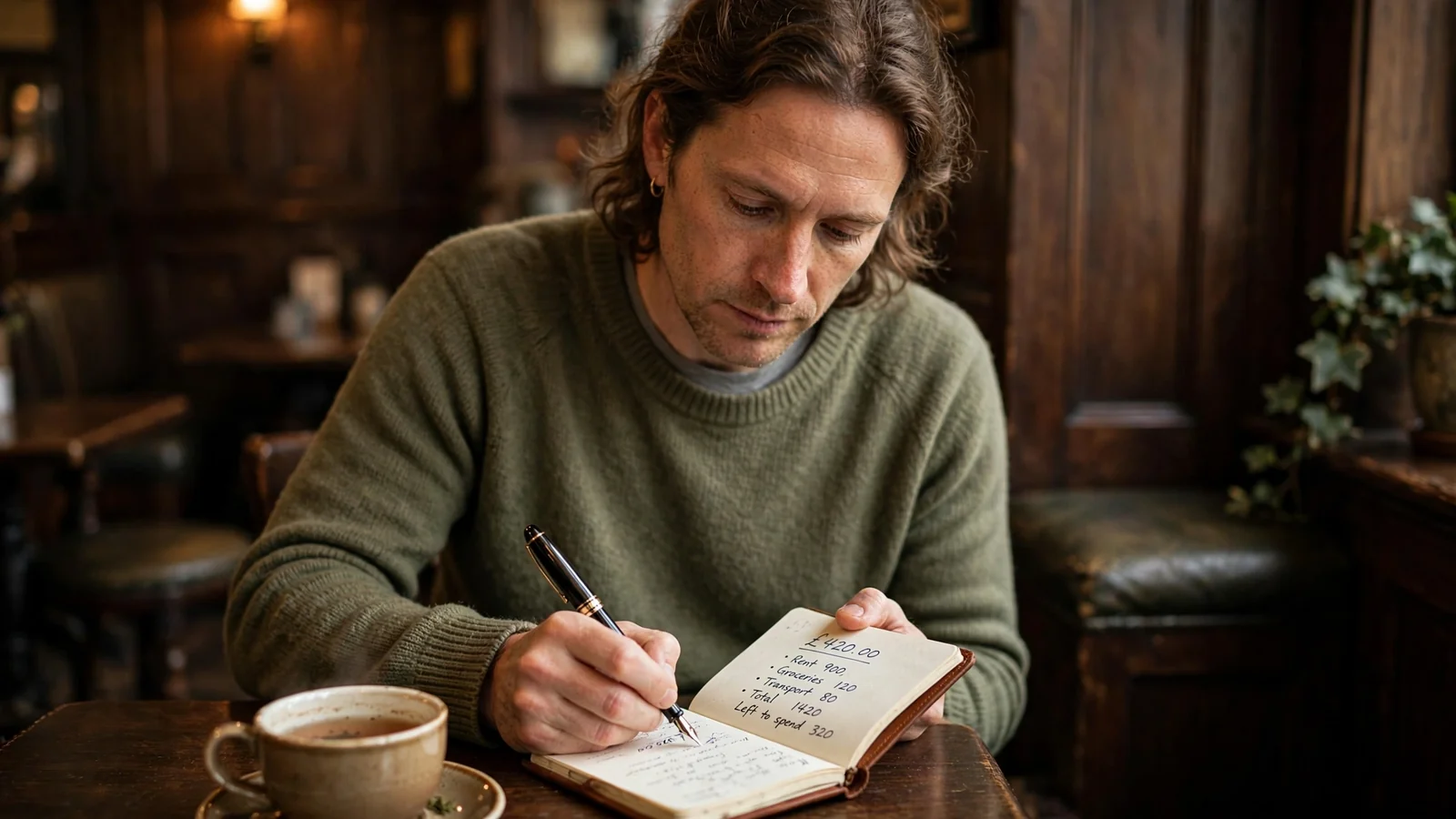 Person writing a personal spending limit in a notebook at a pub