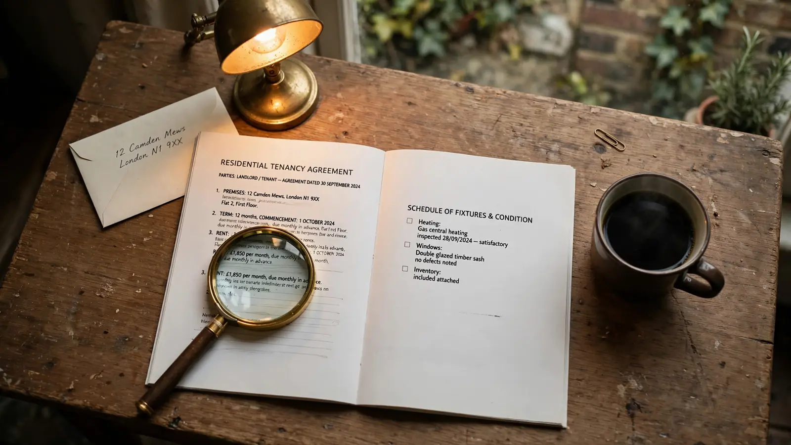 Magnifying glass on a printed licence booklet under a desk lamp
