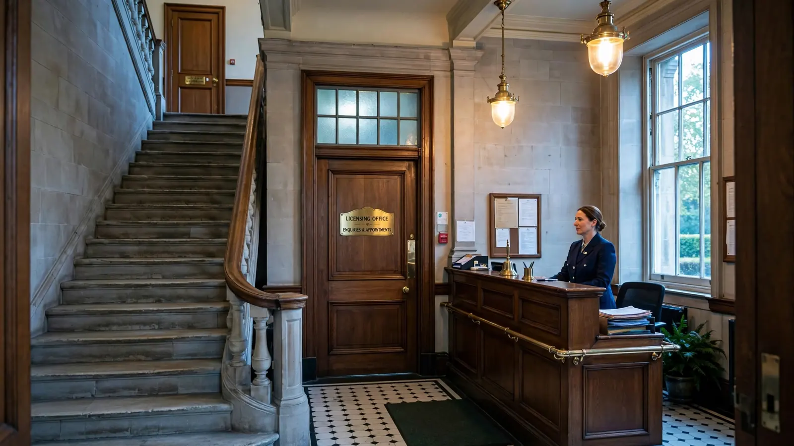 Entrance hall of a British regulatory office with a brass nameplate