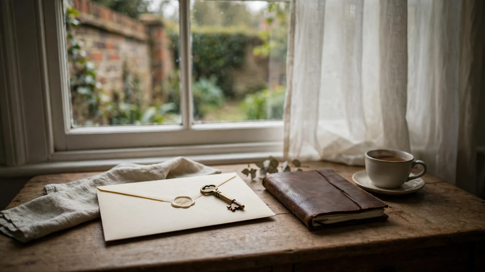 Sealed envelope with brass key on a wooden desk beside a notebook and teacup