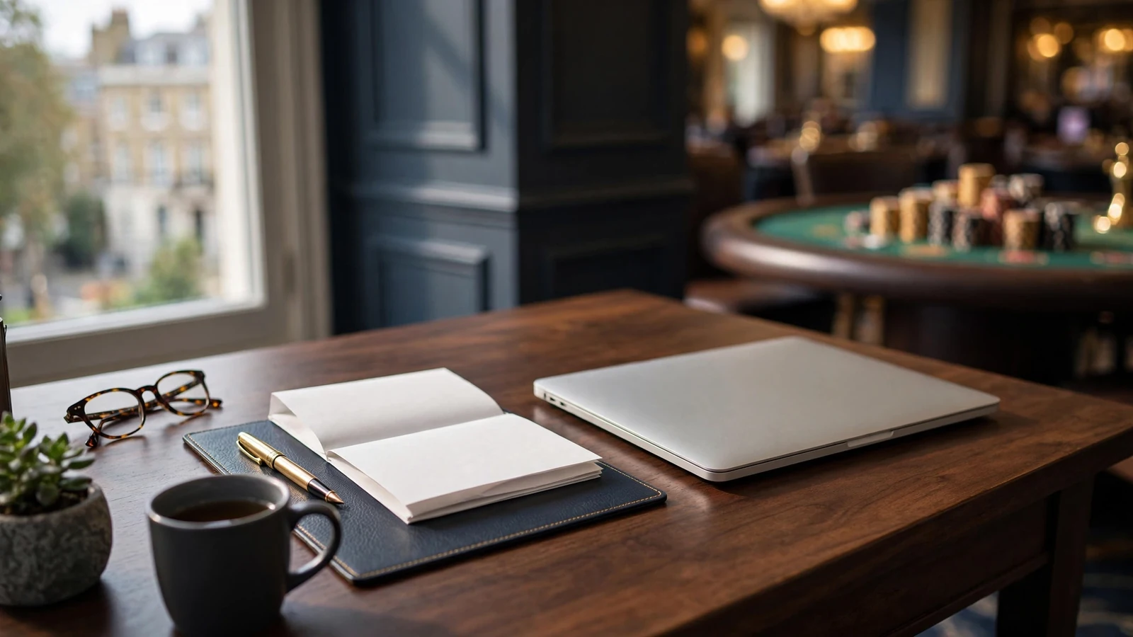 Closed laptop and document in a refined UK office setting